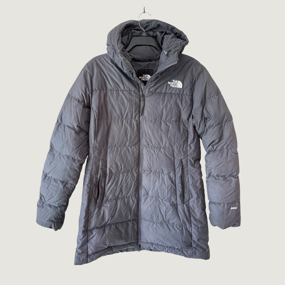 The North Face Womens 550 Fill Down Hooded Puffer Parka Jacket Grey Large